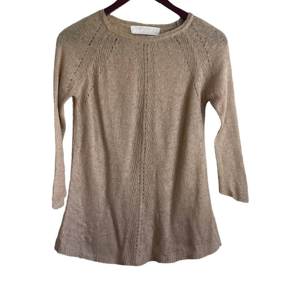 Zara Women Fitted Sweater M Tan Knit 3/4 Raglan‎ Sleeve Cozy Neutral Minimalist